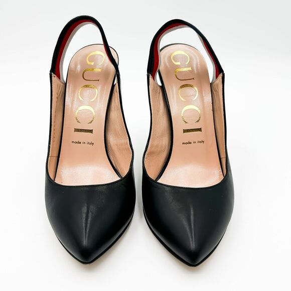 Gucci Sylvie Pumps Web Stripe Black Leather Slingback Heels Size 40, 10 - Picture 3 of 13